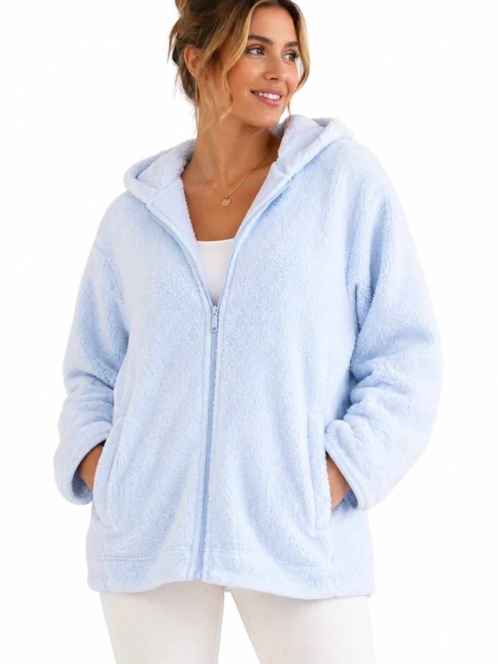Studio Works Light Blue Sherpa Fleece Zip Hoodie Cozy Jacket Women’s Large